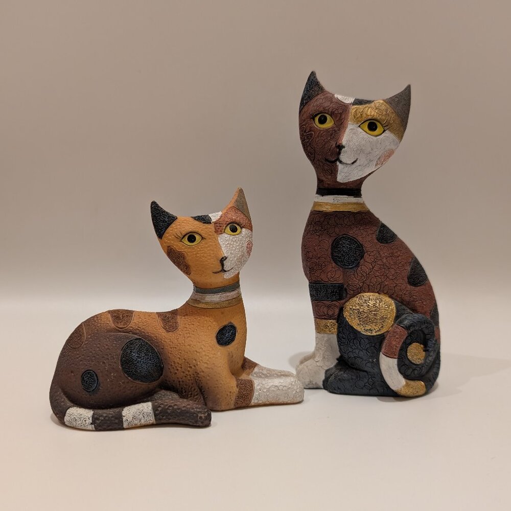 Rosina Wachtmeister Resin Cat Figurines – Calico & Tabby Pair – 6" & 4" – Whimsy